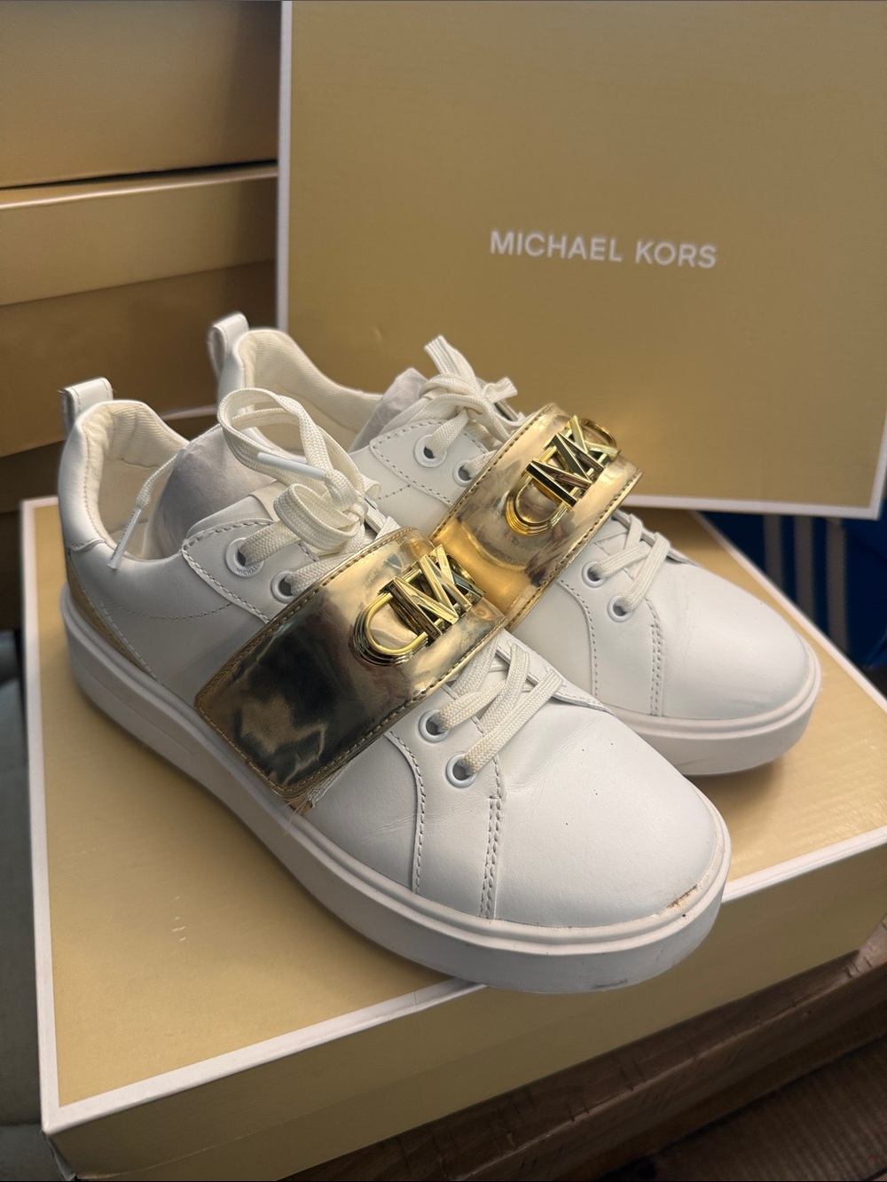Michael Kors White Leather Sneakers with Gold Logo Strap Accent